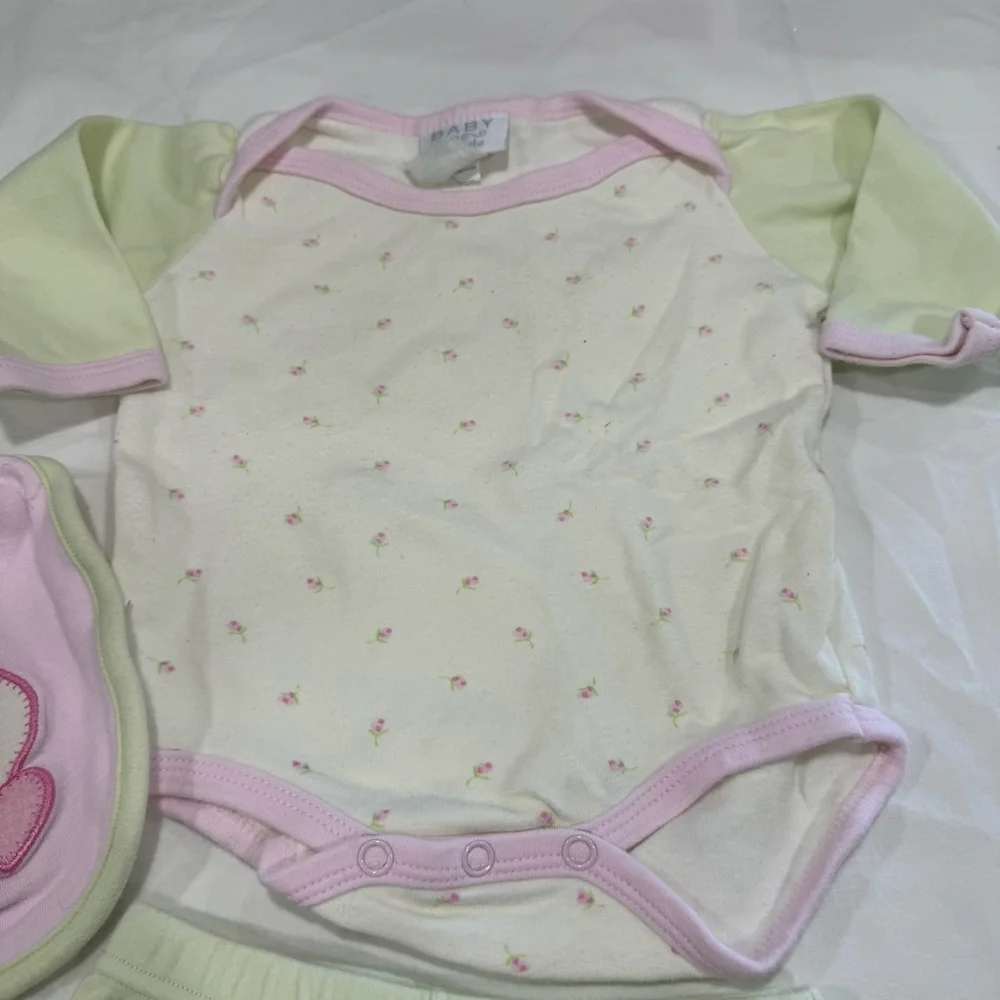 Y2K Bon Bebe Soft Pink & Green Baby Outfit with Matching Bib Size 3-6 Month
